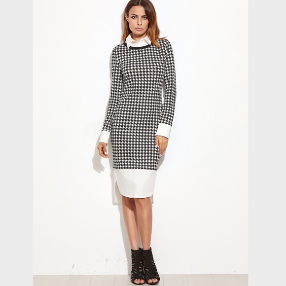 New! Houndstooth Contrast Curved Hem Shirt Dress - Picture 2 of 6